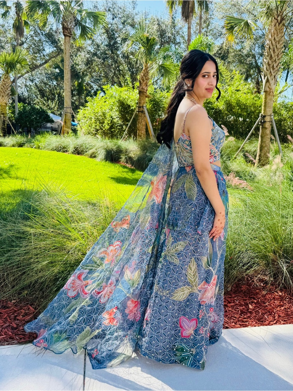 Blue Floral pre draped saree